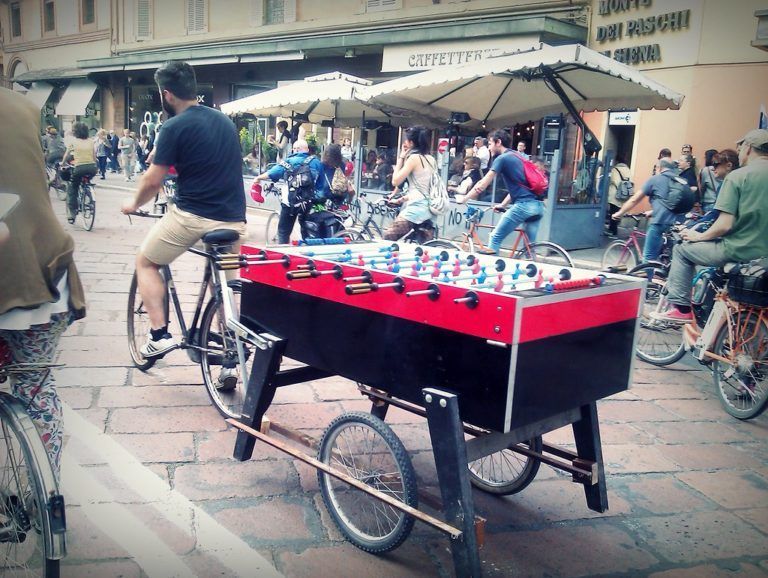 Mobile table soccer on a tricycle