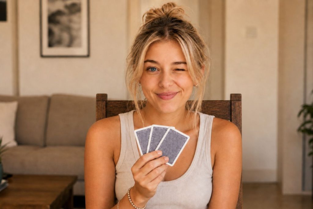 chica jugando a la brisca y haciendo señas